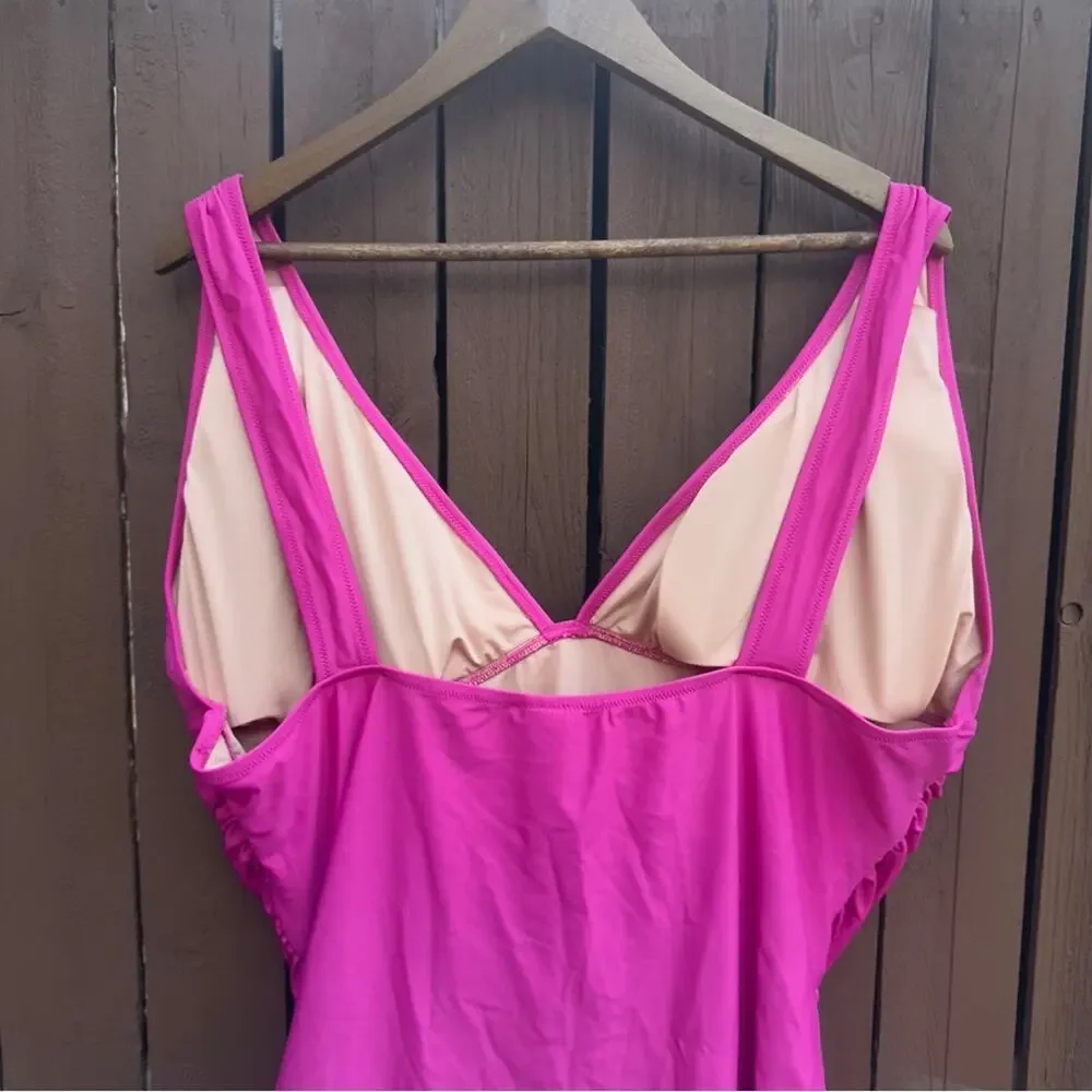 J. Crew | NWT Size 24 Ruched V Neck One Piece Fuchsia Bathing Suit Style BC116